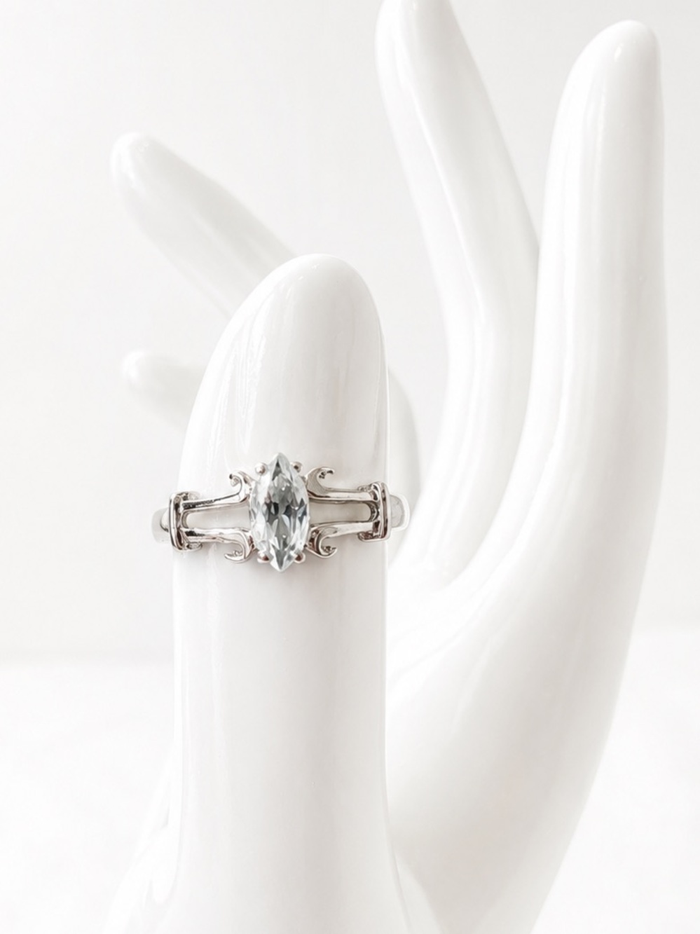 925 Sterling Silver Marquise CZ Ring Size 7.25 Vintage Art Deco Statement